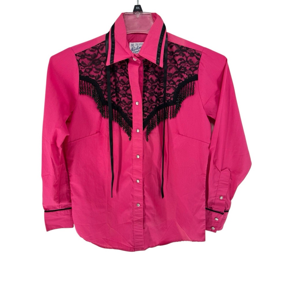VTG Women's Rockmount Ranch Wear Hot Pink Western Shirt 34 Lace Beads Pearl Snap